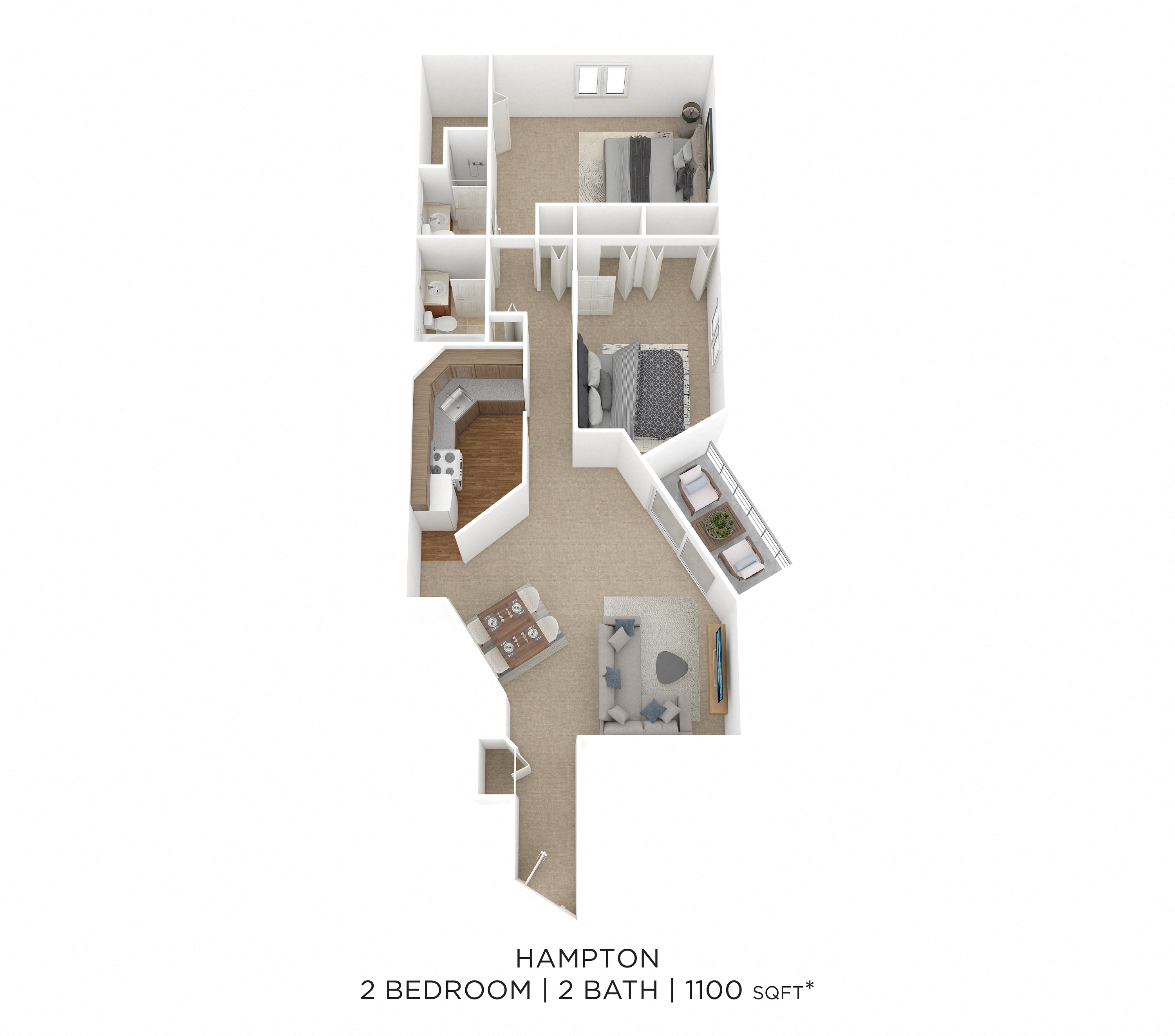 Floor plan for 2 beds, 2 baths, 1100 sqft